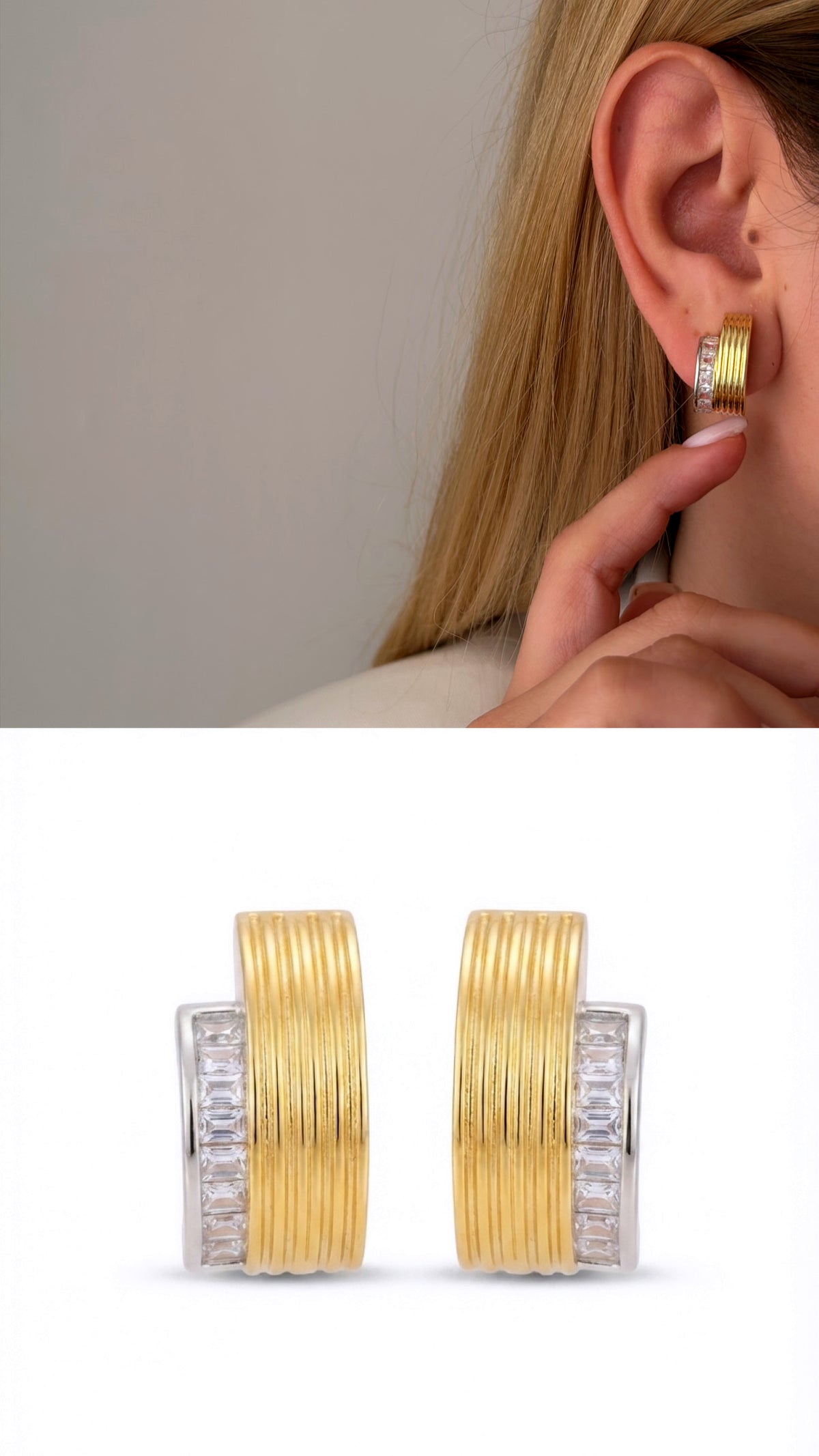 CW1VPEARNG00268-two-tone-ribbed-texture-baguette-cz-channel-set-chunky-c-hoop-statement-earrings-catwalkjewellery wholesale jewelry VIP 14K EARRINGS  Catwalk Jewellery Europe