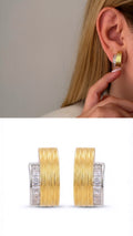 Two Tone Ribbed Texture Baguette CZ Channel Set Chunky C Hoop Statement Earrings - CW1VPEARNG00268 | Wholesale Stainless Steel Jewelry Catwalk Jewellery Europe