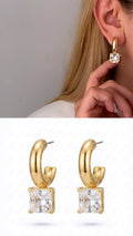 Gold Chunky C Hoop Princess Cut CZ Solitaire Dangle Statement Earrings - CW1VPEARNG00270 | Wholesale Stainless Steel Jewelry Catwalk Jewellery Europe