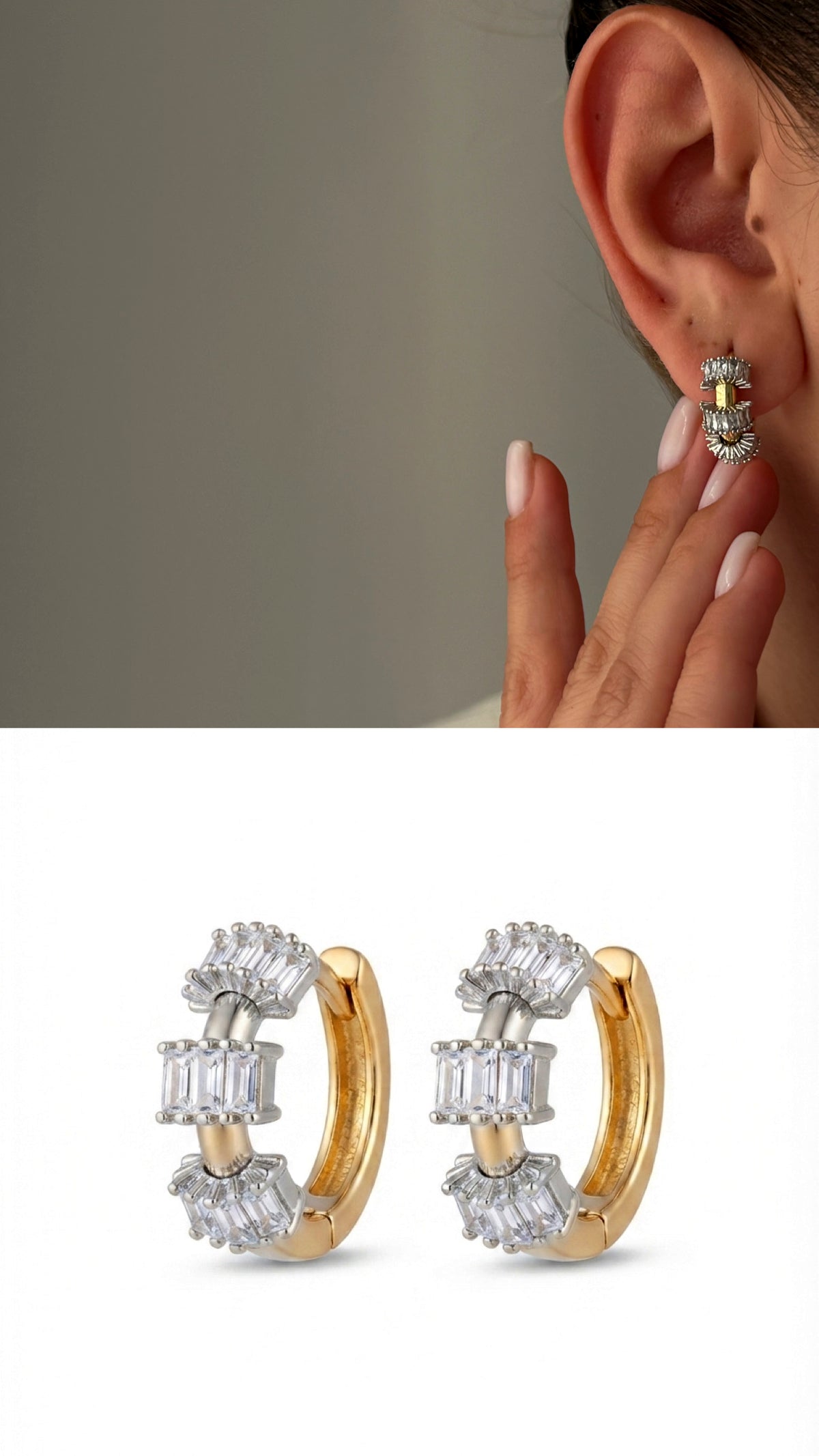 CW1VPEARNG00272-two-tone-baguette-cz-cluster-accent-c-hoop-statement-earrings-catwalkjewellery wholesale jewelry VIP 14K EARRINGS  Catwalk Jewellery Europe