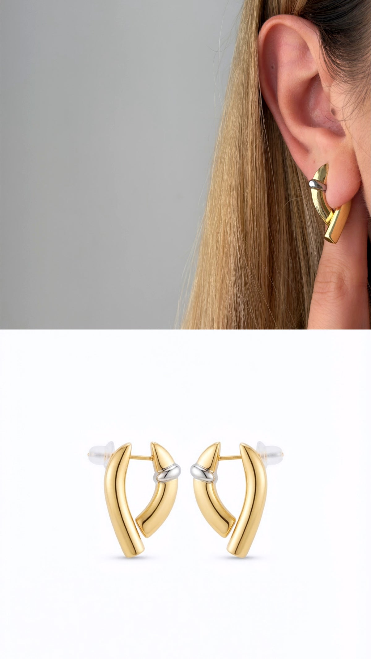 CW1VPEARNG00276-two-tone-abstract-sculptural-curved-horn-edgy-statement-earrings-catwalkjewellery wholesale jewelry VIP 14K EARRINGS  Catwalk Jewellery Europe