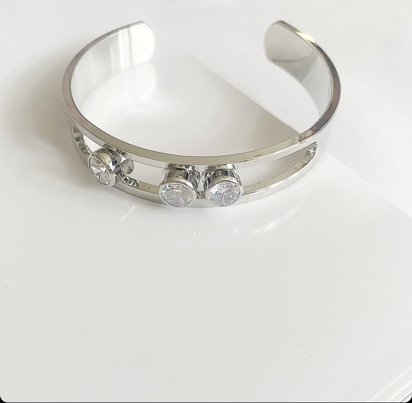 Silver Messika Style Three Moving CZ Bezel Open Cuff Bangle - CW1CUFF001 | Wholesale Stainless Steel Jewelry Catwalk Jewellery Europe