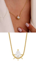 Gold Pear Cut CZ Solitaire Sunburst Snake Chain Necklace - CW1NKL0037 | Wholesale Stainless Steel Jewelry Catwalk Jewellery Europe