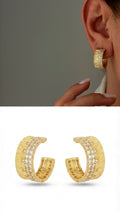 Gold Molten Texture Half Hoop CZ Pave Border Late Summer Statement Earrings - CW1VPEARNG00227 | Wholesale Stainless Steel Jewelry Catwalk Jewellery Europe