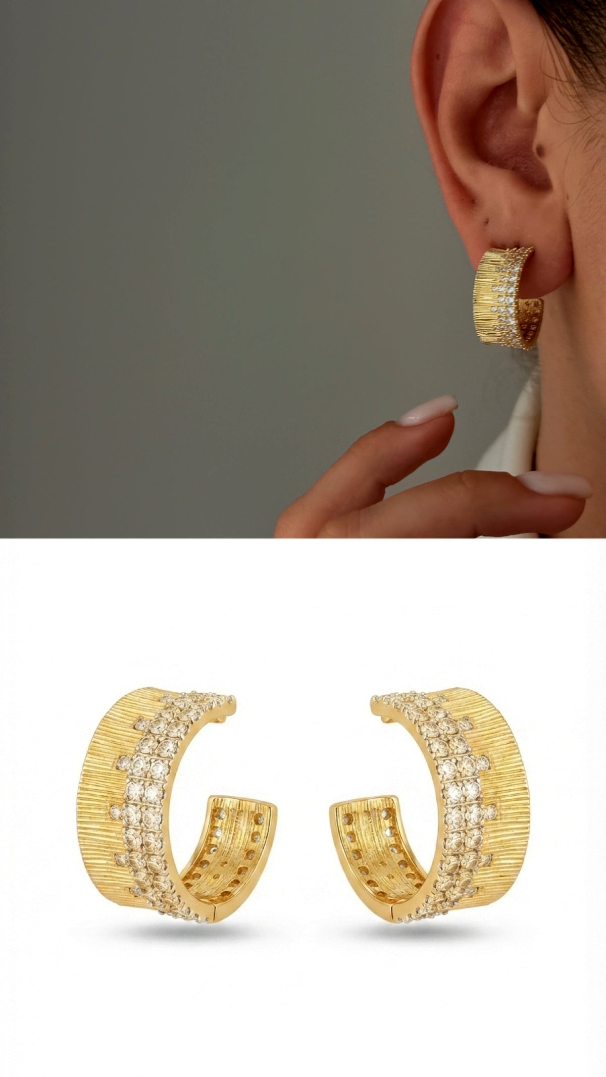 CW1VPEARNG00227-gold-molten-texture-half-hoop-cz-pave-border-late-summer-statement-earrings-catwalkjewellery wholesale jewelry VIP 14K EARRINGS  Catwalk Jewellery Europe