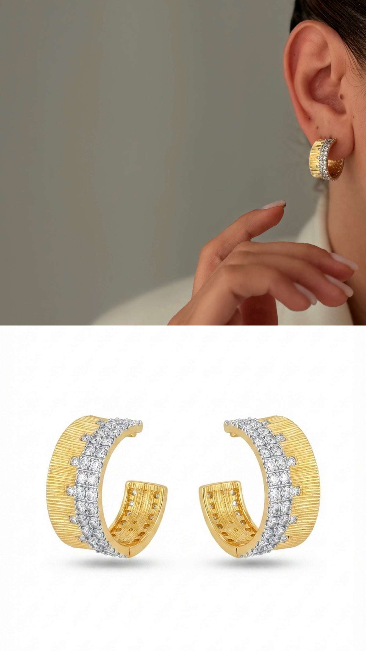 CW1VPEARNG00228-two-tone-molten-texture-half-hoop-cz-pave-border-late-summer-statement-earrings-catwalkjewellery wholesale jewelry VIP 14K EARRINGS  Catwalk Jewellery Europe