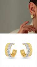 Two Tone Molten Texture Half Hoop CZ Pave Border Late Summer Statement Earrings - CW1VPEARNG00228 | Wholesale Stainless Steel Jewelry Catwalk Jewellery Europe