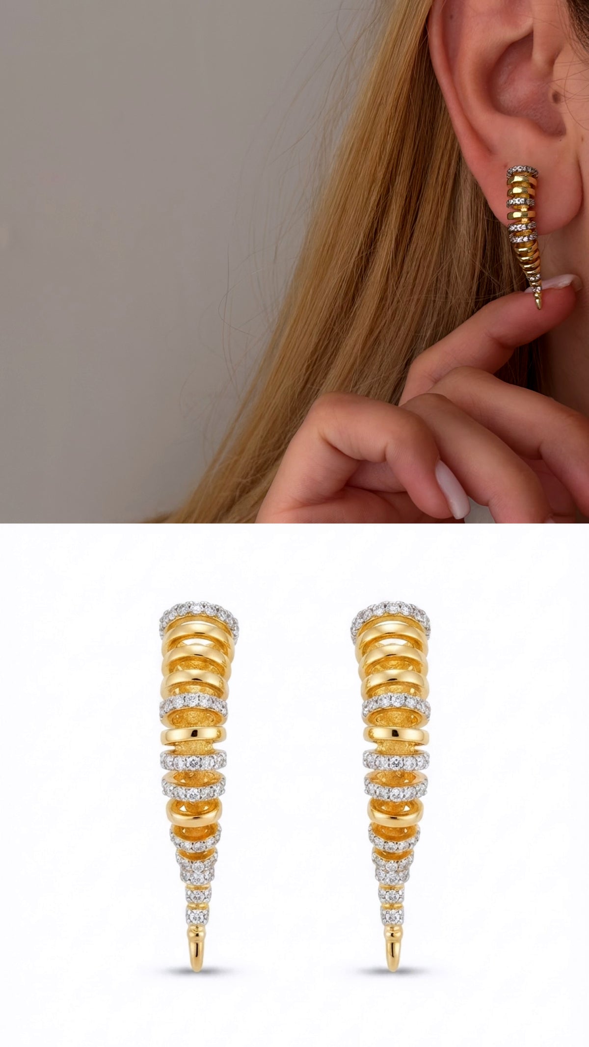 CW1VPEARNG00231-two-tone-ribbed-cone-shape-cz-pave-siren-chic-aesthetic-statement-earrings-catwalkjewellery wholesale jewelry VIP 14K EARRINGS  Catwalk Jewellery Europe