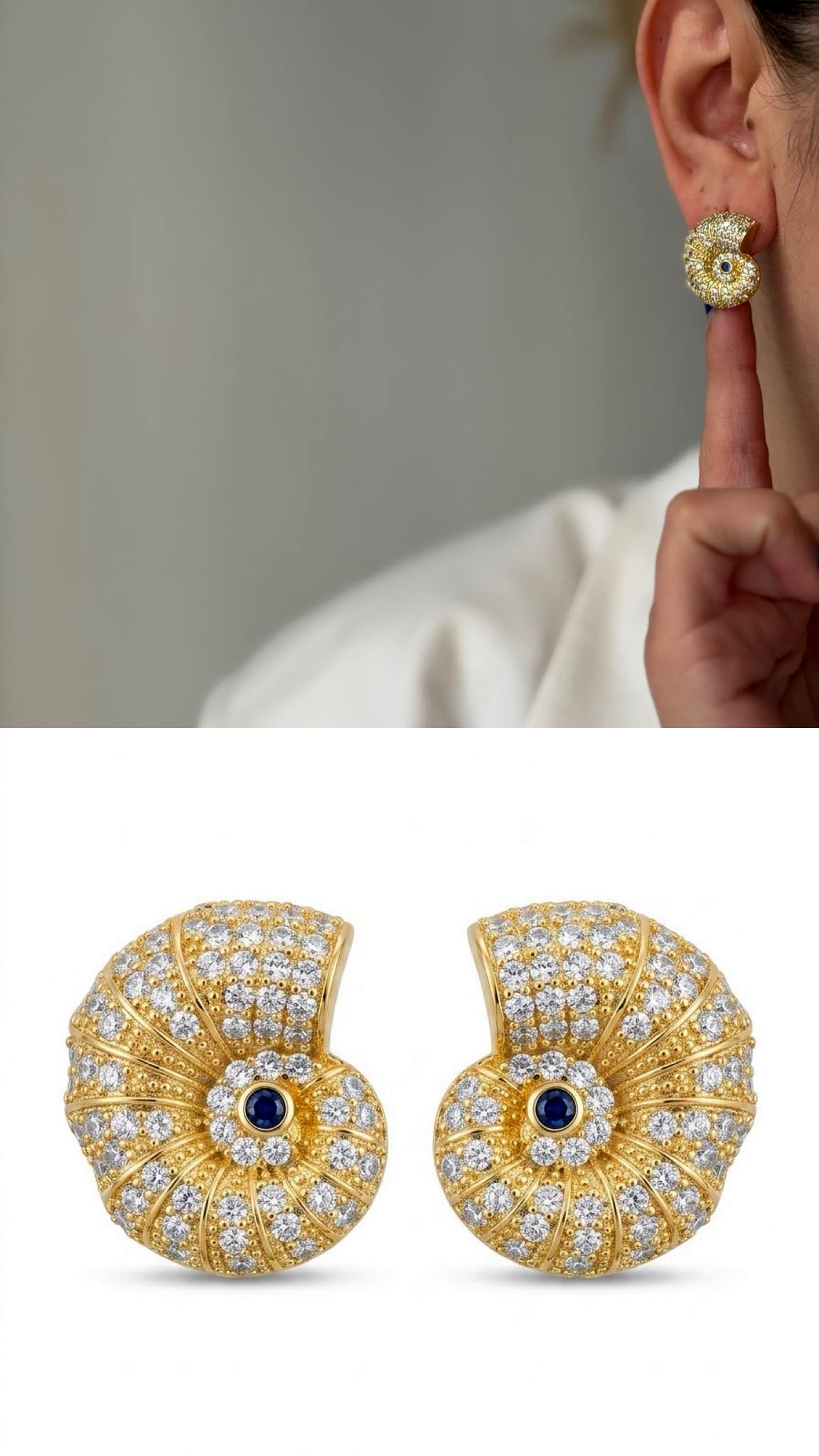 CW1VPEARNG00234-gold-nautilus-shell-cz-pave-sapphire-accent-siren-chic-aesthetic-stud-earrings-catwalkjewellery wholesale jewelry VIP 14K EARRINGS  Catwalk Jewellery Europe