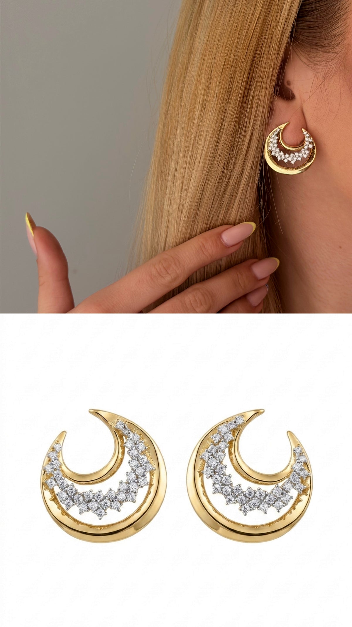 CW1VPEARNG00239-gold-double-crescent-moon-cz-pave-celestial-siren-chic-aesthetic-statement-earrings-catwalkjewellery wholesale jewelry VIP 14K EARRINGS  Catwalk Jewellery Europe