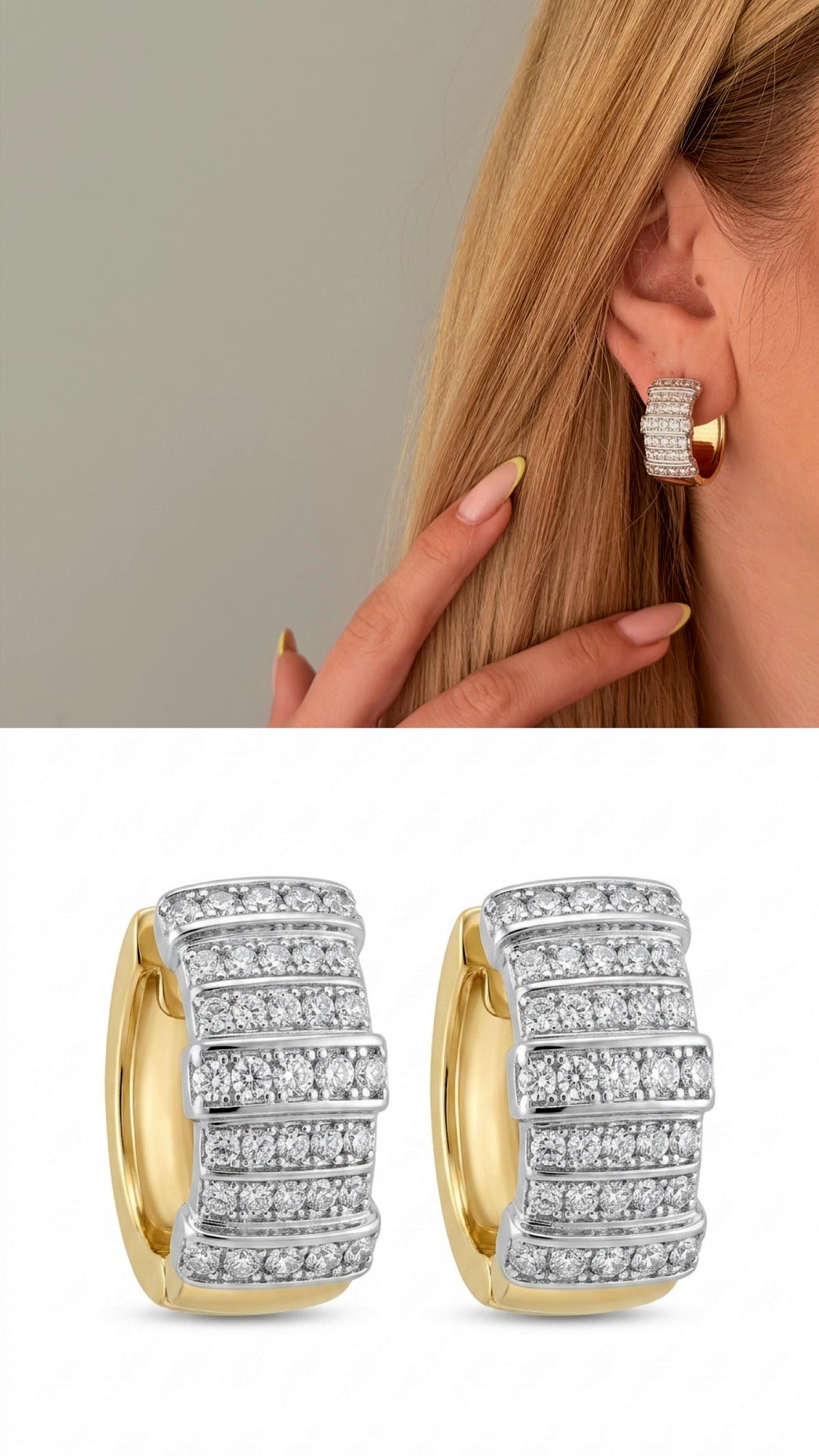 CW1VPEARNG00240-two-tone-chunky-power-dressing-hoops-ribbed-cz-pave-curated-maximalism-statement-earrings-catwalkjewellery wholesale jewelry VIP 14K EARRINGS  Catwalk Jewellery Europe