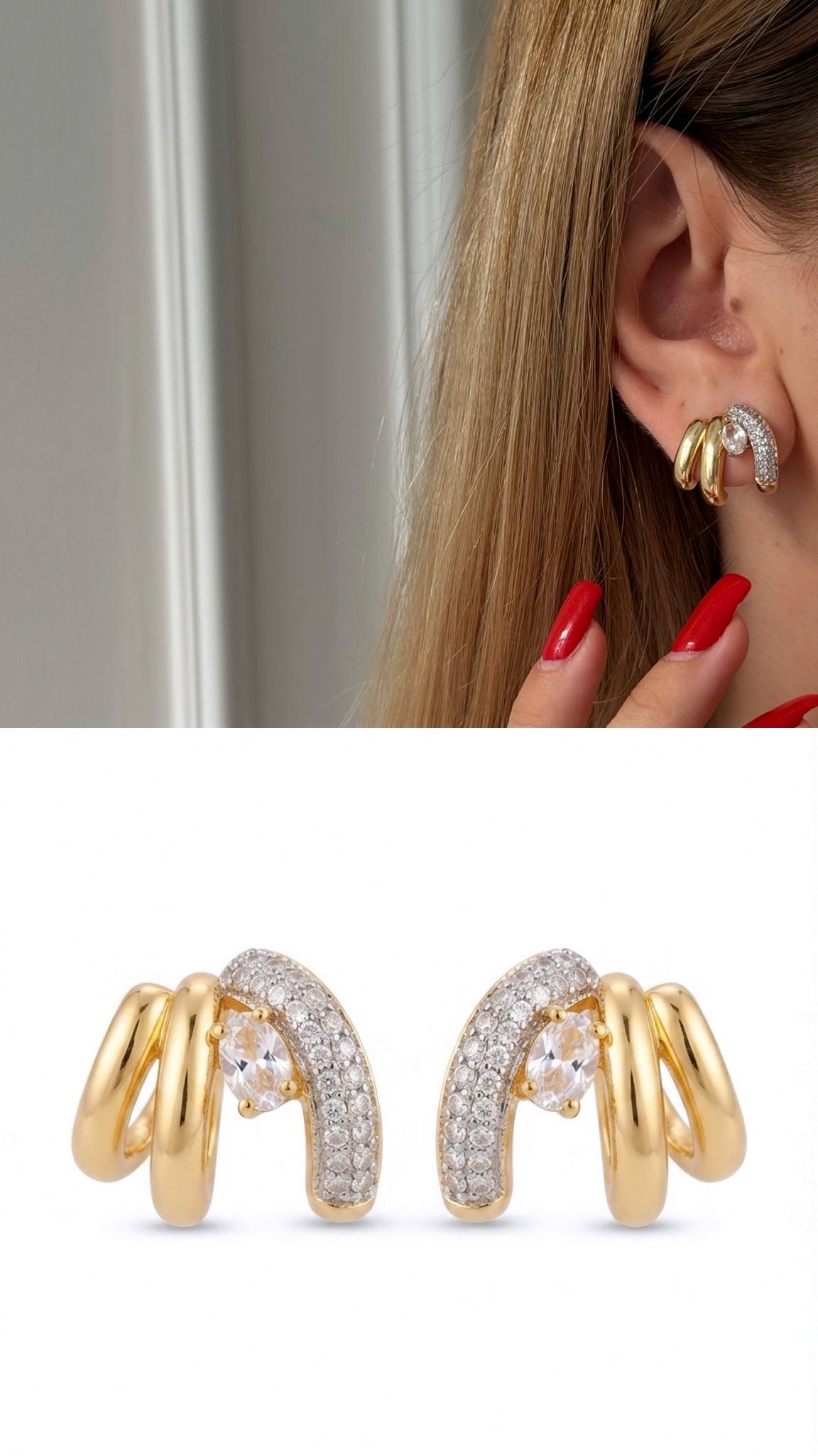 18K Gold Plated Stainless Steel Pave CZ Oval Marquise Cuff Earrings - CW1VPEARRING00434 | Wholesale Stainless Steel Jewelry Catwalk Jewellery Europe