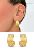 18K Gold Plated Stainless Steel Brushed Textured Pave CZ Chunky C Hoop Earrings - CW1VPEARRING00438 | Wholesale Stainless Steel Jewelry Catwalk Jewellery Europe
