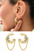 18K Gold Plated Stainless Steel Pave CZ Banded Drape Chain C Hoop Earrings - CW1VPEARRING00440 | Wholesale Stainless Steel Jewelry Catwalk Jewellery Europe