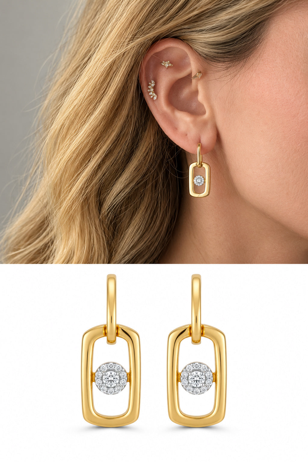 18K Gold Plated Stainless Steel Oval Floating Bezel CZ Pave Halo Drop Earrings - CW1VPEARRING00441 | Wholesale Stainless Steel Jewelry Catwalk Jewellery Europe
