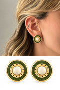 18K Gold Plated Stainless Steel Green White Resin Round Stud Earrings - CW1VPEARRING00443 | Wholesale Stainless Steel Jewelry Catwalk Jewellery Europe