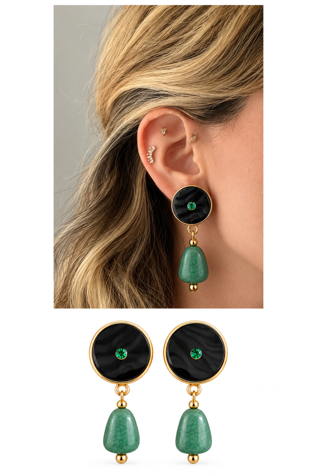 18K Gold Plated Stainless Steel Black Enamel Emerald CZ Green Marble Drop Earrings - CW1VPEARRING00444 | Wholesale Stainless Steel Jewelry Catwalk Jewellery Europe