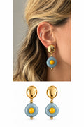 18K Gold Plated Stainless Steel Gold Dome Blue Yellow Resin Donut Drop Earrings - CW1VPEARRING00446 | Wholesale Stainless Steel Jewelry Catwalk Jewellery Europe