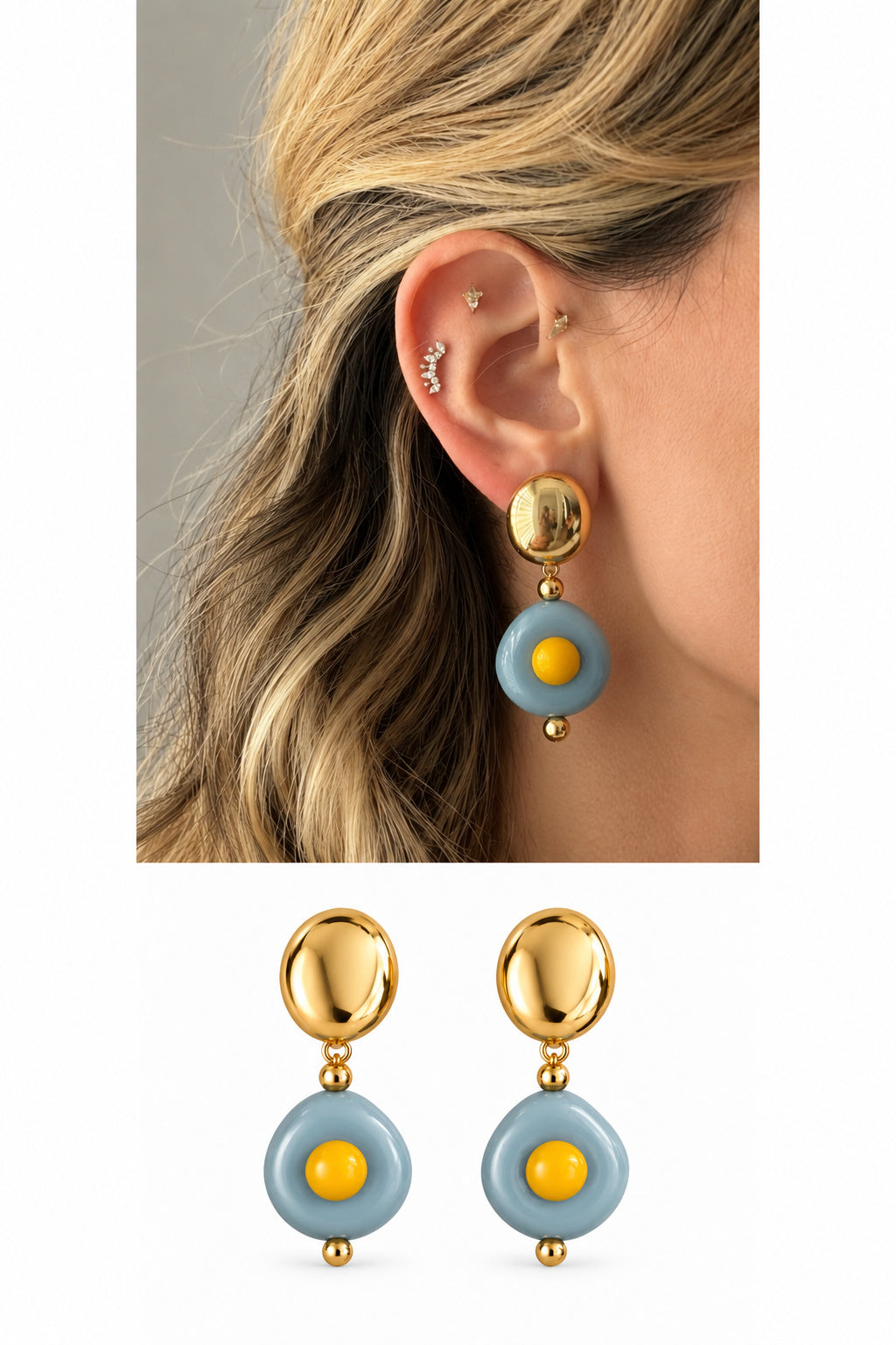 18K Gold Plated Stainless Steel Gold Dome Blue Yellow Resin Donut Drop Earrings - CW1VPEARRING00446 | Wholesale Stainless Steel Jewelry Catwalk Jewellery Europe