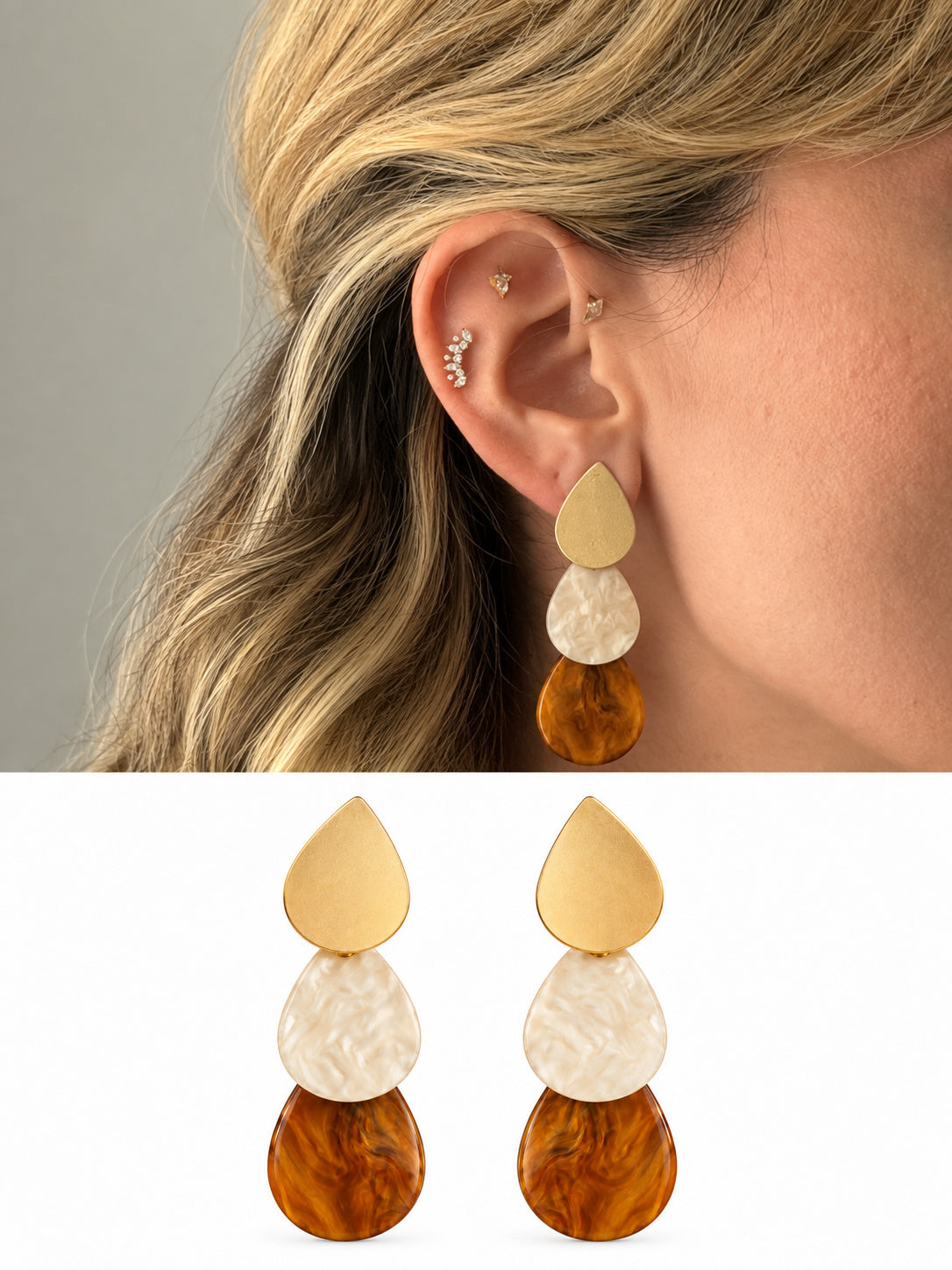 18K Gold Plated Stainless Steel Tiered Teardrop Resin Acrylic Dangle Earrings - CW1VPEARRING00447 | Wholesale Stainless Steel Jewelry Catwalk Jewellery Europe
