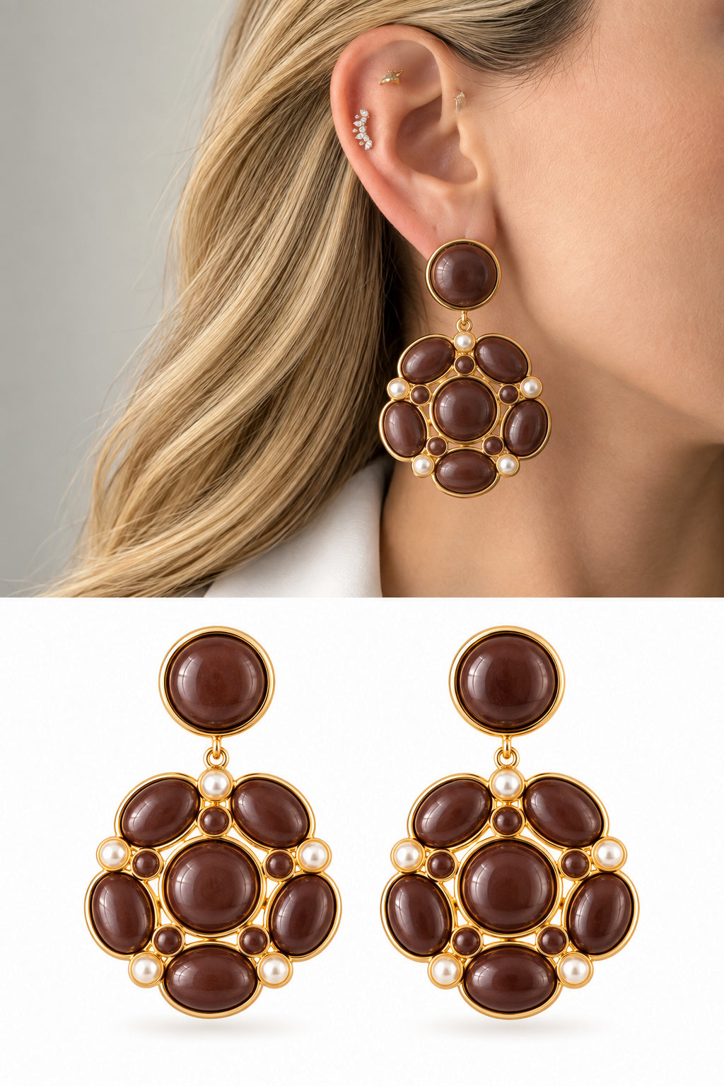 18K Gold Plated Stainless Steel Brown Resin Cabochon Pearl Cluster Earrings - CW1VPEARRING00448 | Wholesale Stainless Steel Jewelry Catwalk Jewellery Europe