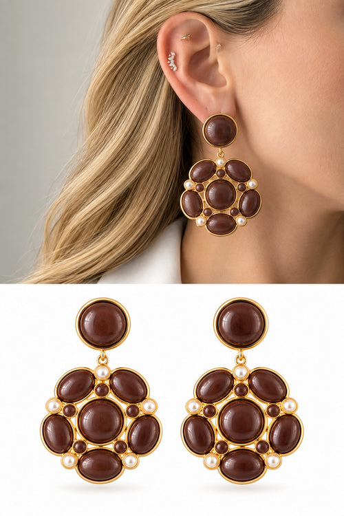18K Gold Plated Stainless Steel Brown Resin Cabochon Pearl Cluster Earrings - CW1VPEARRING00448 | Wholesale Stainless Steel Jewelry Catwalk Jewellery Europe