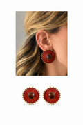 18K Gold Plated Stainless Steel Red Resin Disc Gold Beaded Edge Stud Earrings - CW1VPEARRING00451 | Wholesale Stainless Steel Jewelry Catwalk Jewellery Europe