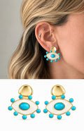 18K Gold Plated Stainless Steel Turquoise White Enamel Abstract Evil Eye Stud Earrings - CW1VPEARRING00452 | Wholesale Stainless Steel Jewelry Catwalk Jewellery Europe