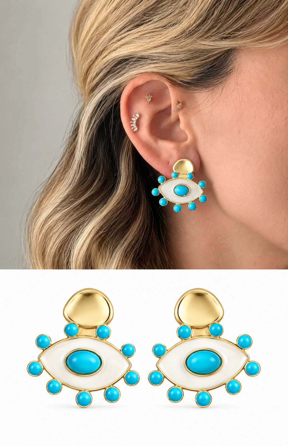 18K Gold Plated Stainless Steel Turquoise White Enamel Abstract Evil Eye Stud Earrings - CW1VPEARRING00452 | Wholesale Stainless Steel Jewelry Catwalk Jewellery Europe