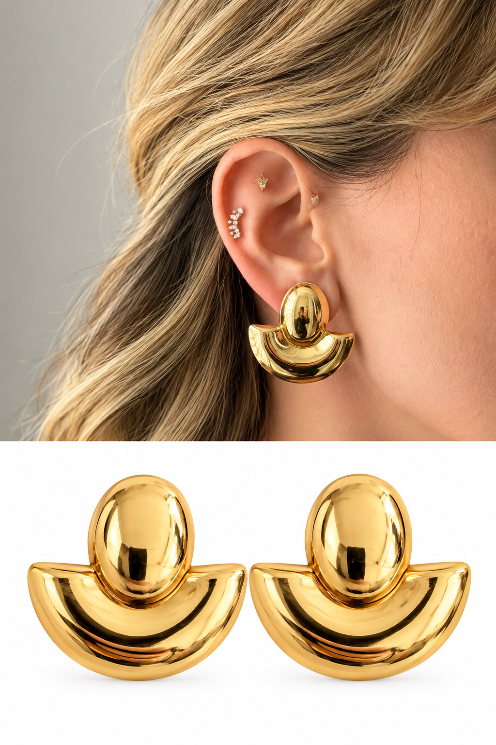 18K Gold Plated Stainless Steel Chunky Geometric Dome Crescent Stud Earrings - CW1VPEARRING00453 | Wholesale Stainless Steel Jewelry Catwalk Jewellery Europe