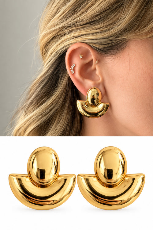 18K Gold Plated Stainless Steel Chunky Geometric Dome Crescent Stud Earrings - CW1VPEARRING00453 | Wholesale Stainless Steel Jewelry Catwalk Jewellery Europe