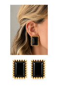18K Gold Plated Stainless Steel Black Rectangle Resin Beaded Edge Stud Earrings - CW1VPEARRING00454 | Wholesale Stainless Steel Jewelry Catwalk Jewellery Europe