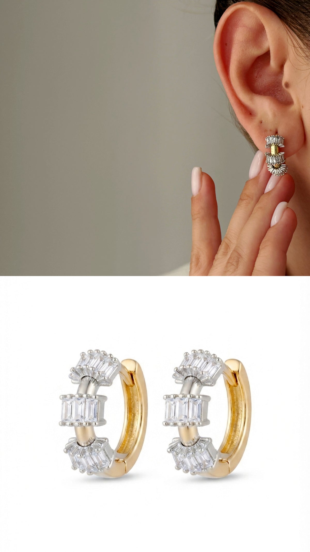 18K Gold Plated Stainless Steel Baguette CZ Huggie Hoop Earrings Wholesale - CW1VPEARNG00342 | Wholesale Stainless Steel Jewelry Catwalk Jewellery Europe