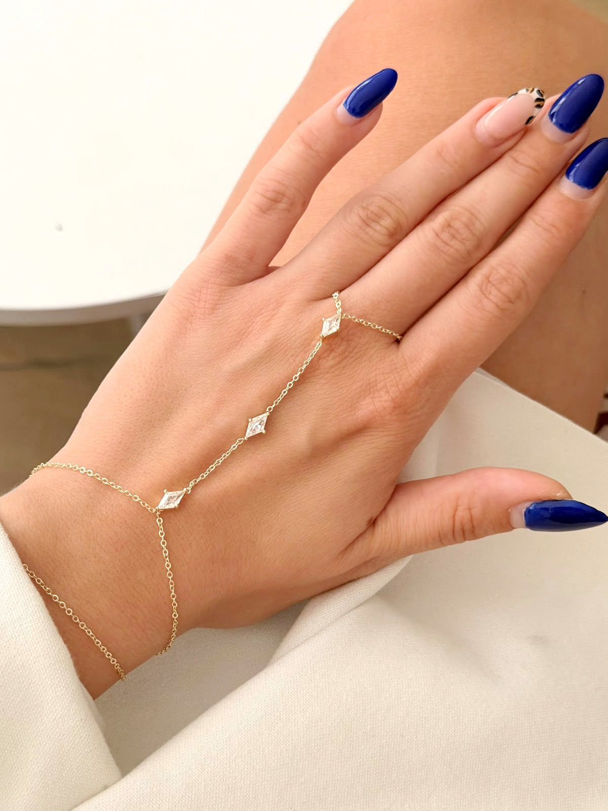 Gold Bezel Rhombus Gemstone Station Hand Chain - CW1HANDCHAIN0060 | Wholesale Stainless Steel Jewelry Catwalk Jewellery Europe