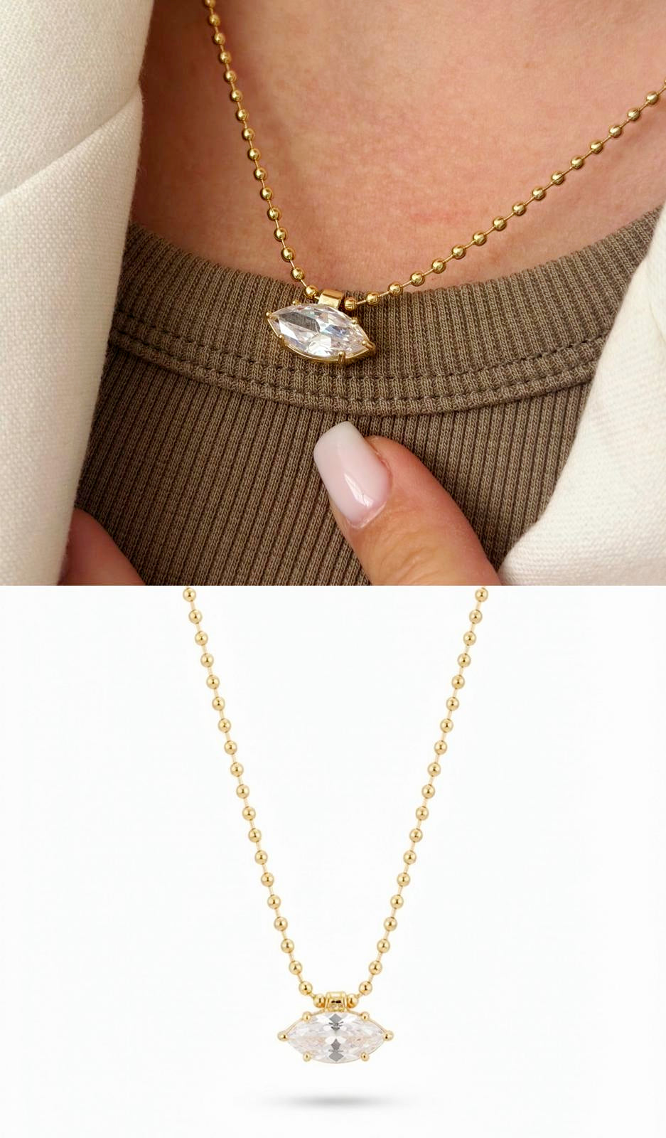 Gold Marquise Cut CZ Solitaire Pendant Ball Chain Necklace - CW1NKL0049 | Wholesale Stainless Steel Jewelry Catwalk Jewellery Europe