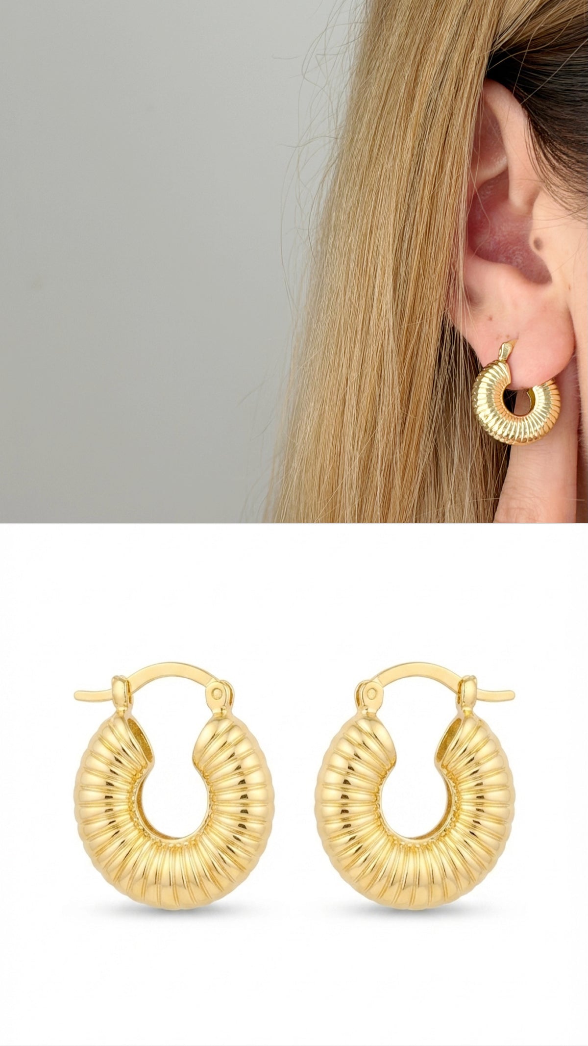 18K Gold Plated Stainless Steel Chunky Ribbed Croissant Hoop Earrings - CW1VPEARNG00351 | Wholesale Stainless Steel Jewelry Catwalk Jewellery Europe