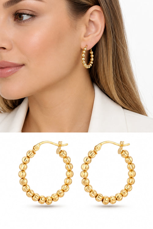 18K Gold Plated Stainless Steel Beaded Ball Hoop Earrings - CW1VPEARNG00354 | Wholesale Stainless Steel Jewelry Catwalk Jewellery Europe