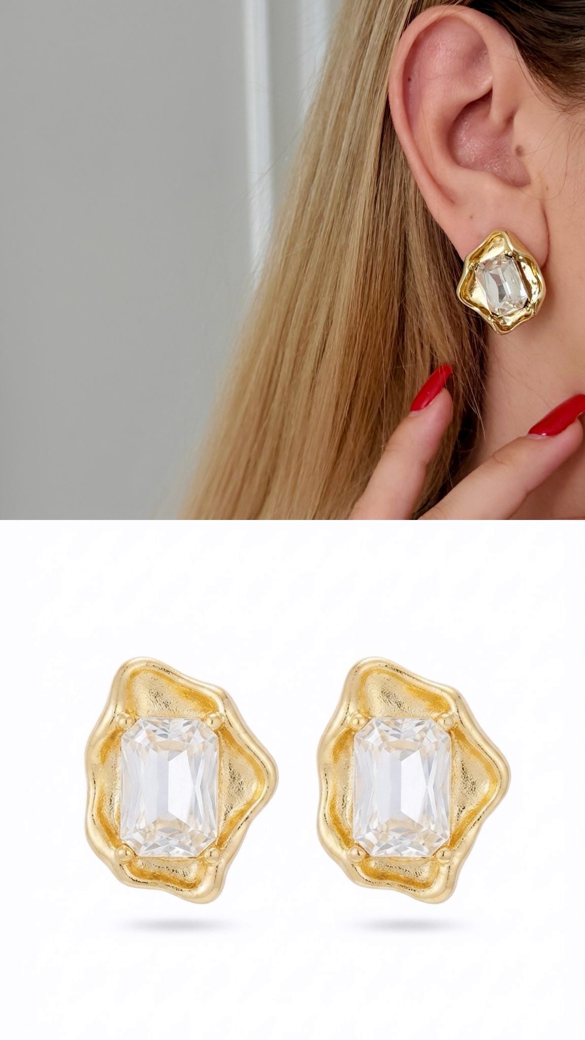 18K Gold Plated Stainless Steel Melted Organic Frame Emerald Cut CZ Stud Earrings - CW1VPEARNG00356 | Wholesale Stainless Steel Jewelry Catwalk Jewellery Europe