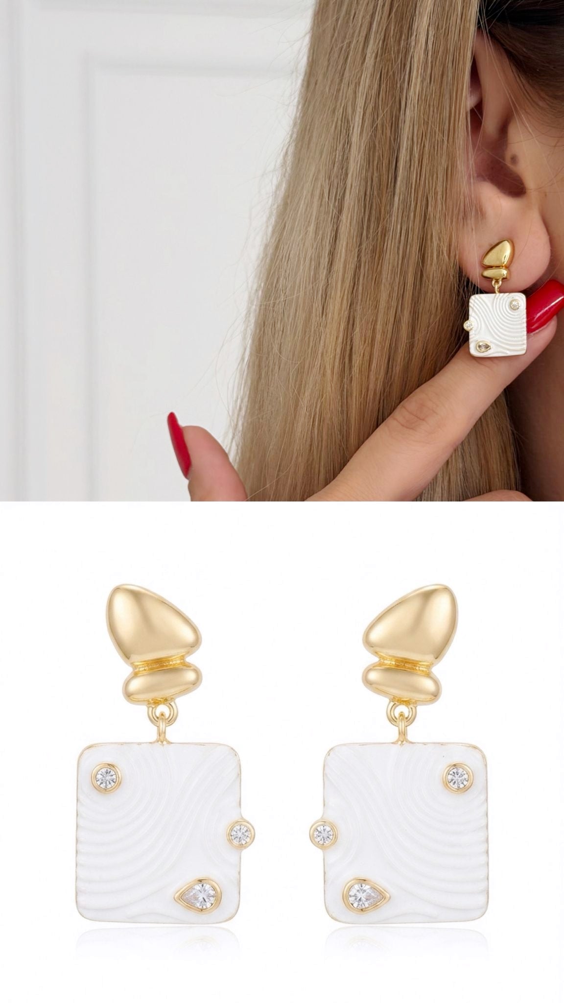 18K Gold Plated Stainless Steel Enamel Square Pendant CZ Drop Earrings - CW1VPEARNG00358 | Wholesale Stainless Steel Jewelry Catwalk Jewellery Europe
