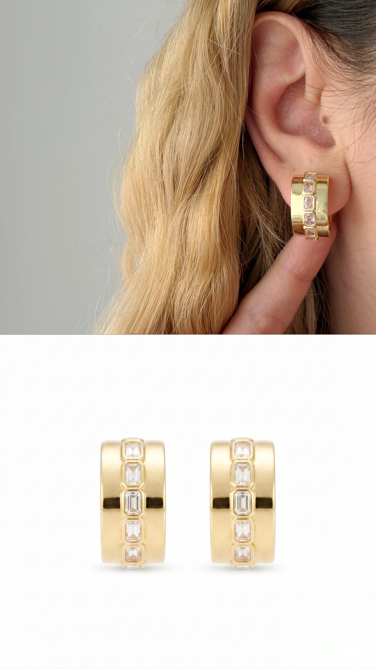 18K Gold Plated Stainless Steel Wide Band Baguette CZ Huggie Hoop Earrings - CW1VPEARNG00359 | Wholesale Stainless Steel Jewelry Catwalk Jewellery Europe