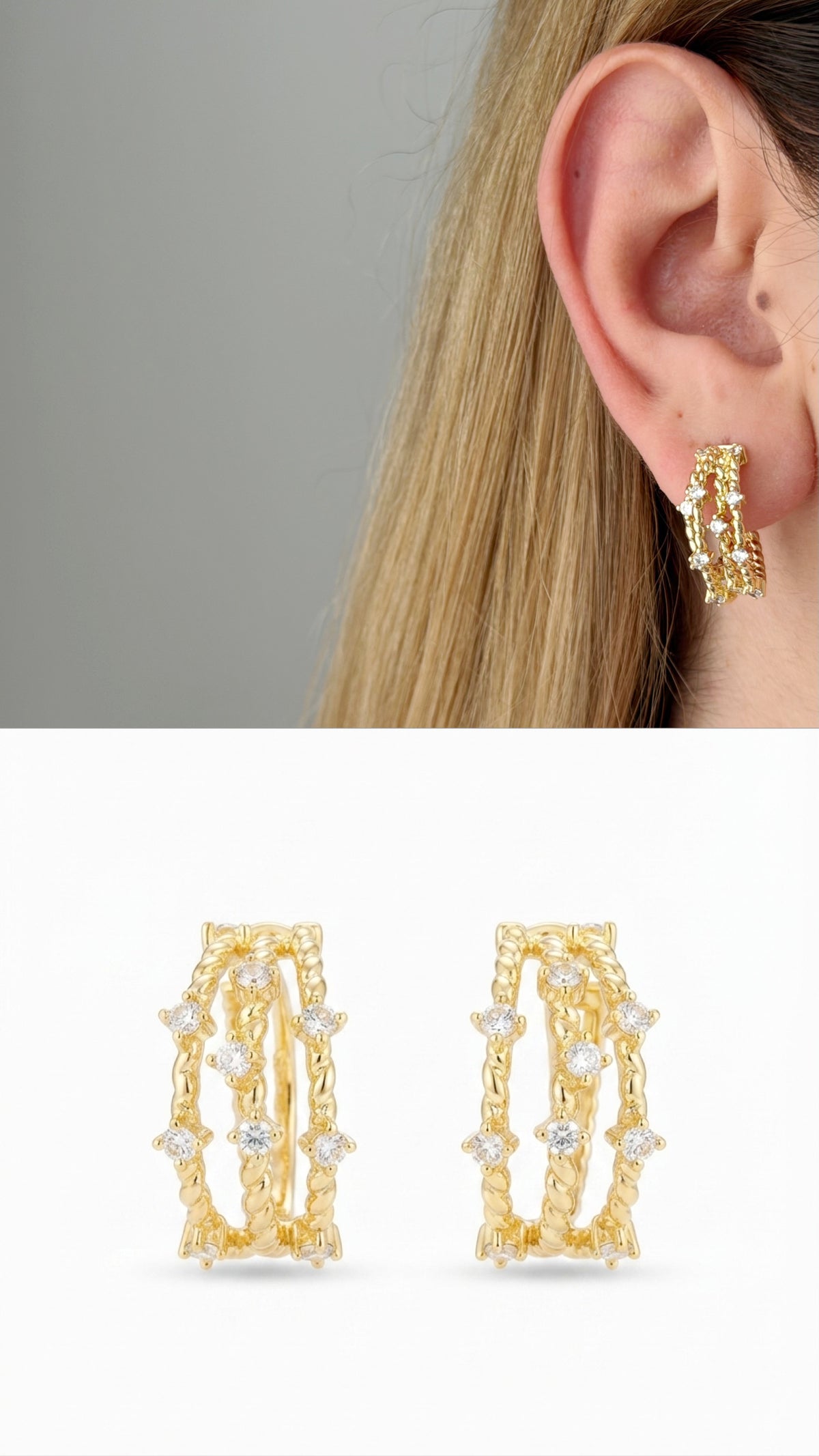 18K Gold Plated Stainless Steel Triple Row CZ Huggie Hoop Earrings - CW1VPEARNG00360 | Wholesale Stainless Steel Jewelry Catwalk Jewellery Europe