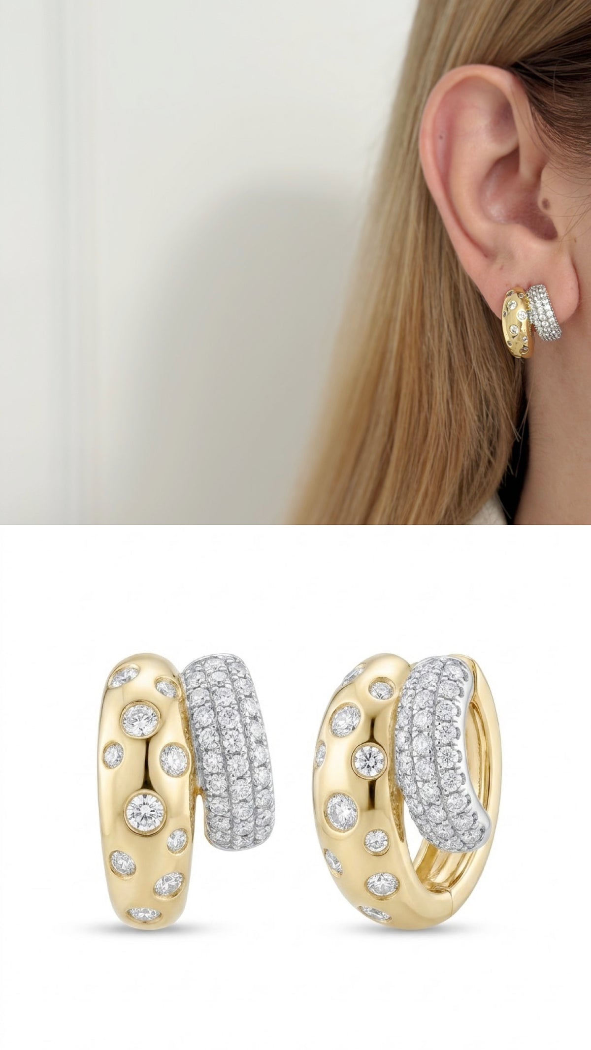 18K Gold Plated Stainless Steel Pave And Bezel CZ Double Band Huggie Hoop Earrings - CW1VPEARNG00362 | Wholesale Stainless Steel Jewelry Catwalk Jewellery Europe