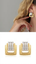 18K Gold Plated Stainless Steel Two Tone Ribbed Square Stud Earrings - CW1VPEARNG00363 | Wholesale Stainless Steel Jewelry Catwalk Jewellery Europe