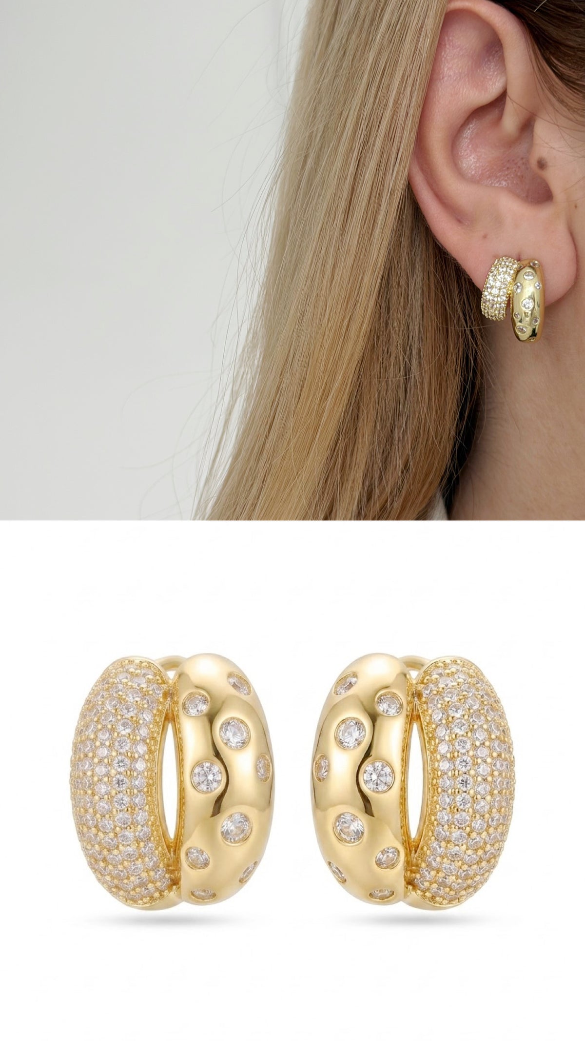 18K Gold Plated Stainless Steel Chunky Pave And Flush Set CZ Huggie Hoop Earrings - CW1VPEARNG00365 | Wholesale Stainless Steel Jewelry Catwalk Jewellery Europe
