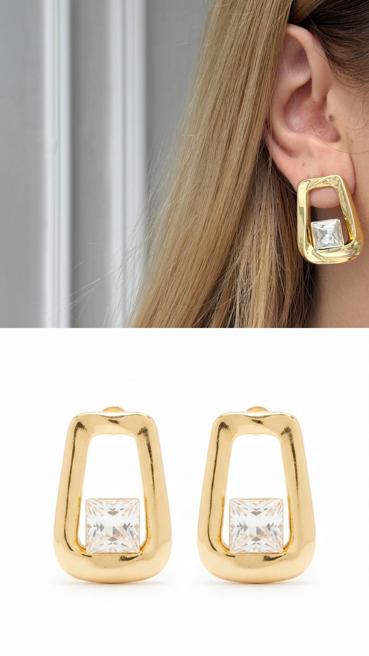 18K Gold Plated Stainless Steel Open Geometric Frame CZ Stud Earrings - CW1VPEARNG00371 | Wholesale Stainless Steel Jewelry Catwalk Jewellery Europe