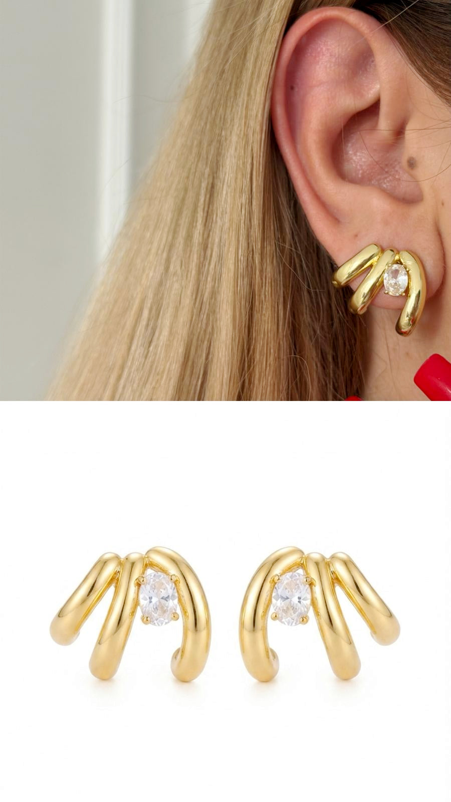 18K Gold Plated Stainless Steel Triple Claw Oval CZ Stud Earrings - CW1VPEARNG00373 | Wholesale Stainless Steel Jewelry Catwalk Jewellery Europe
