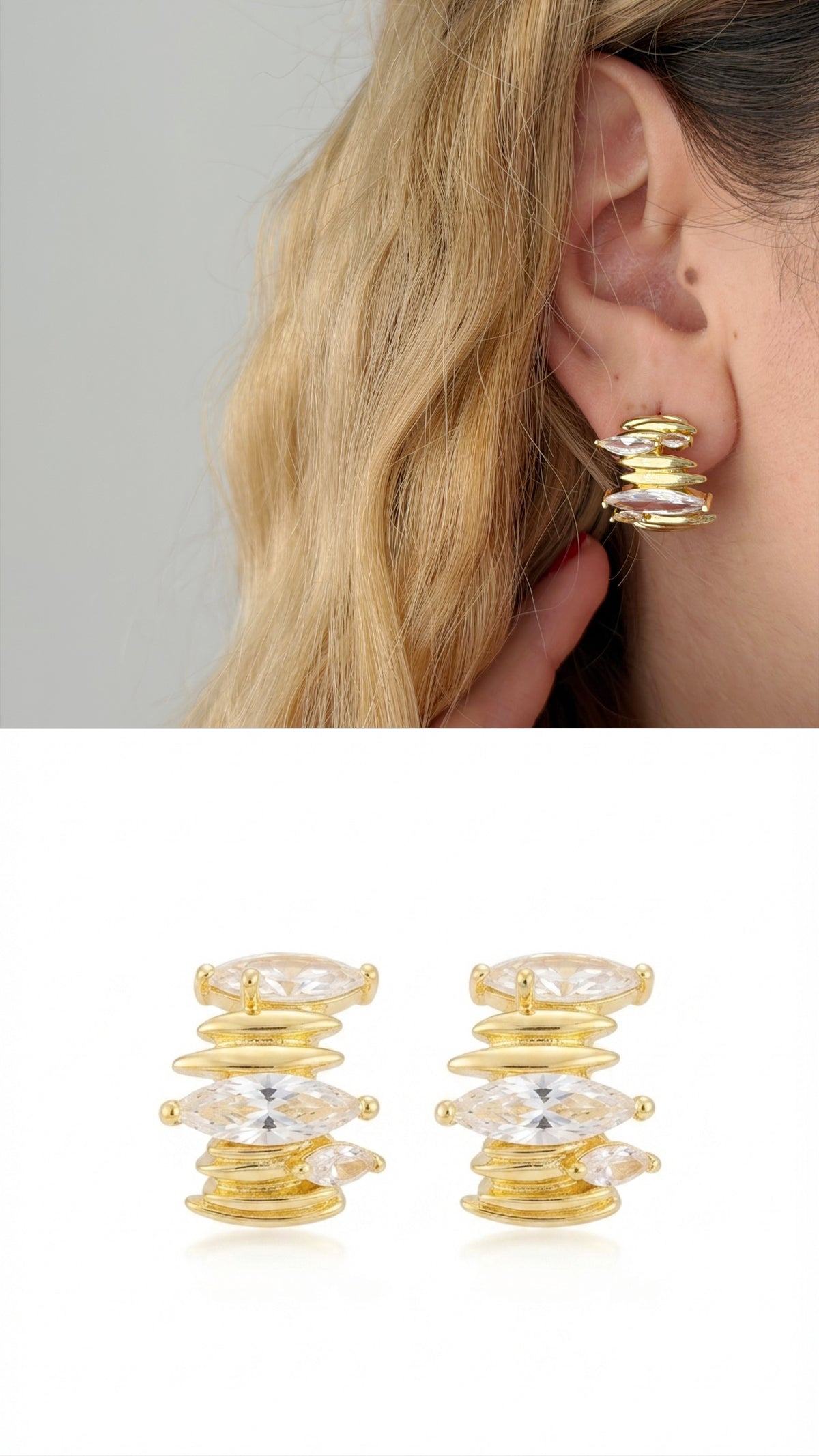 18K Gold Plated Stainless Steel Stacked Marquise CZ Half Hoop Earrings - CW1VPEARNG00374 | Wholesale Stainless Steel Jewelry Catwalk Jewellery Europe