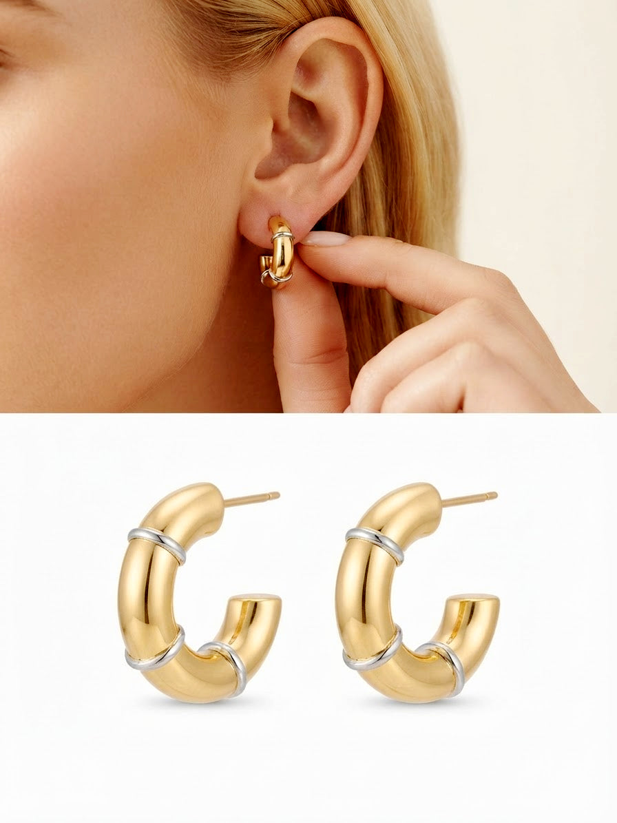 18K Gold Plated Stainless Steel Chunky Two Tone Ringed Hoop Earrings - CW1VPEARNG00377 | Wholesale Stainless Steel Jewelry Catwalk Jewellery Europe