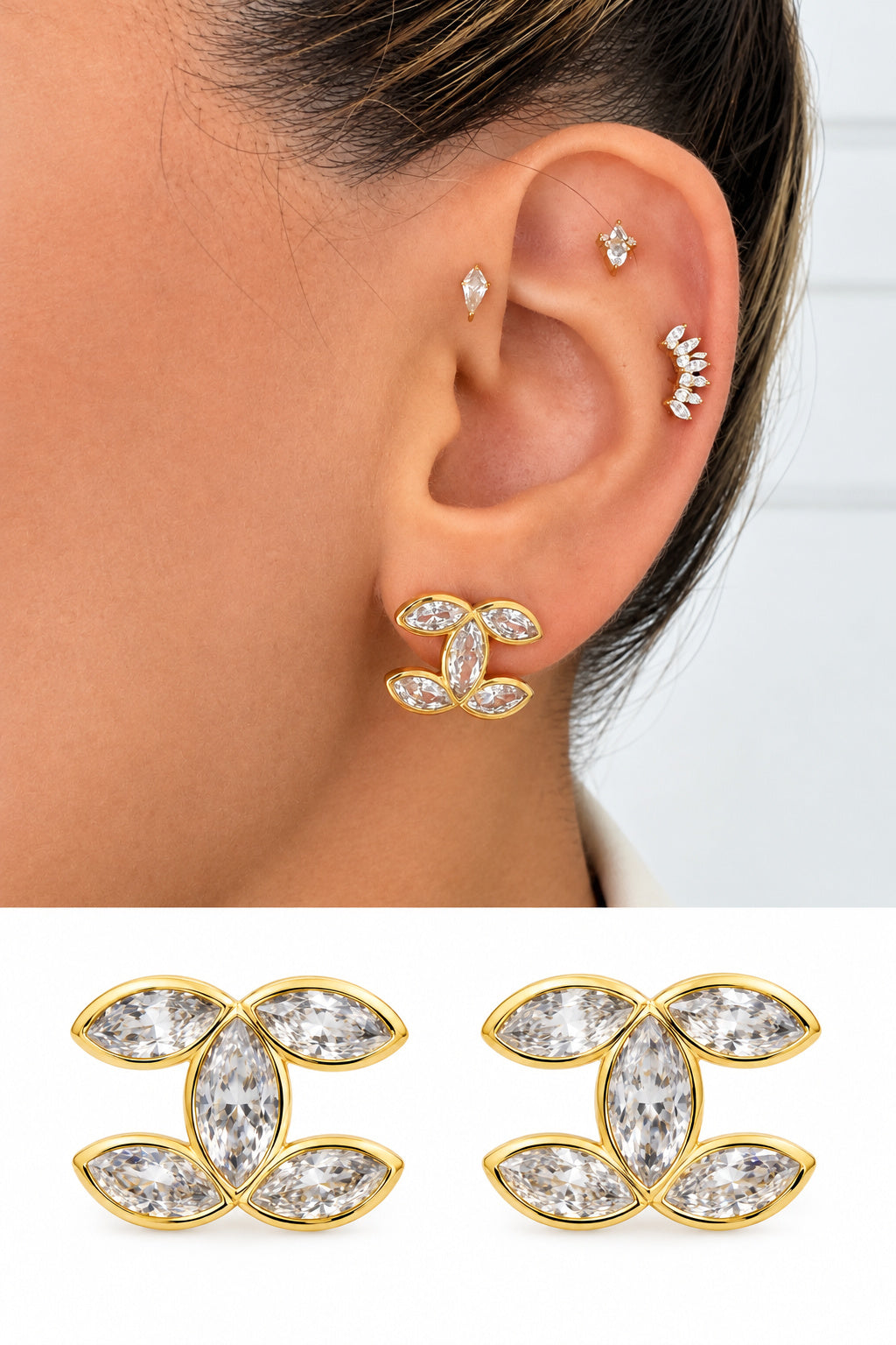 18K Gold Plated Stainless Steel Marquise CZ Interlocking C Stud Earrings - CW1VPEARRING00459 | Wholesale Stainless Steel Jewelry Catwalk Jewellery Europe