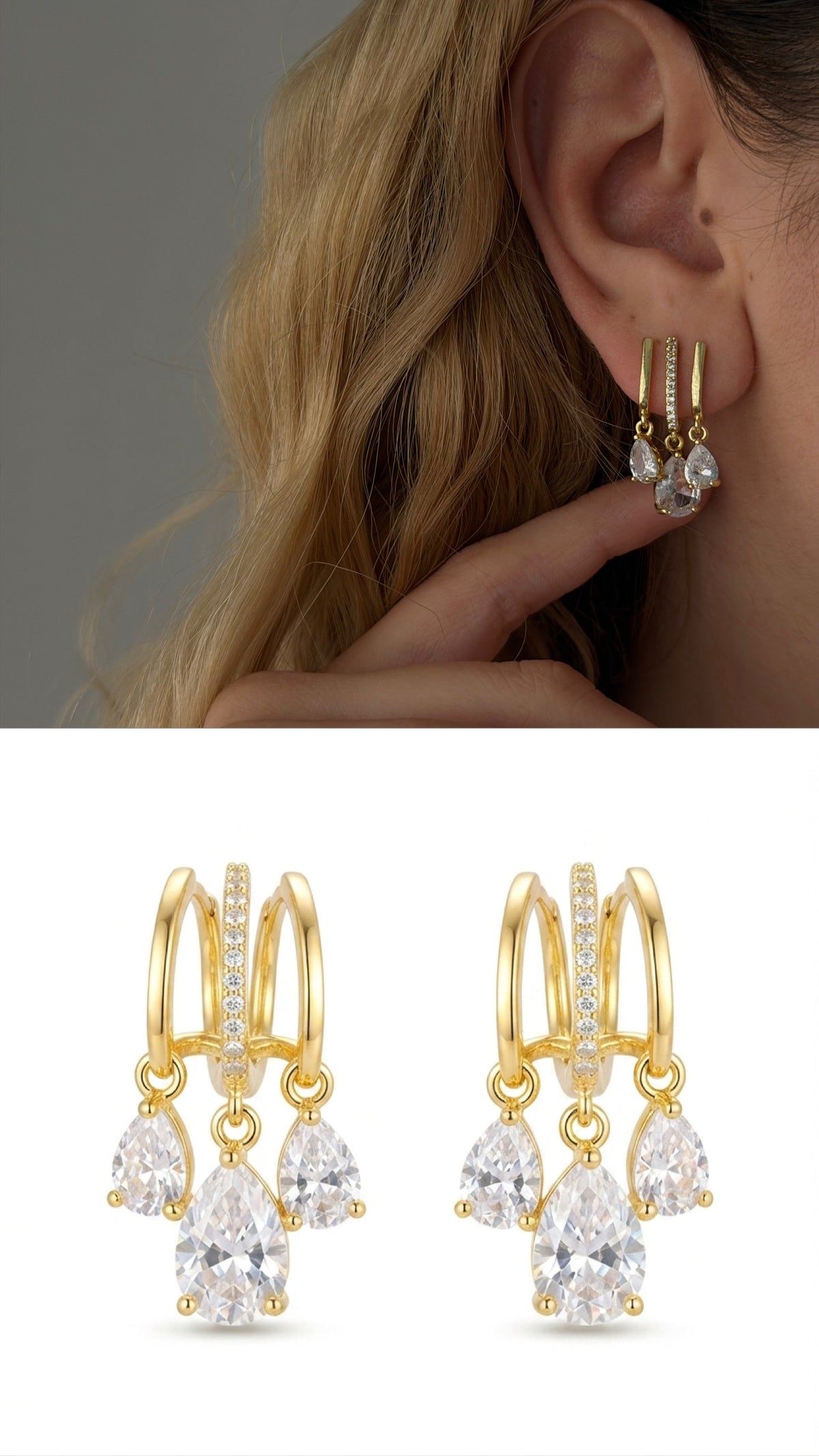 18K Gold Plated Stainless Steel Triple Row Huggie Pear Cut CZ Drop Earrings - CW1VPEARRING00460 | Wholesale Stainless Steel Jewelry Catwalk Jewellery Europe